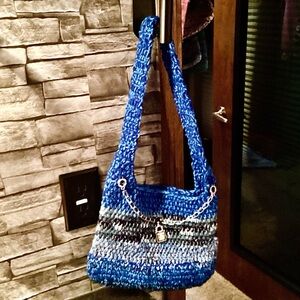 Crochet Shoulder Bag. Crossbody Knitted Woven Hobo Style w/ Blue & Tan Soft Yarn